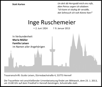 Anzeige von Inge Ruschemeier von Kölner Stadt-Anzeiger / Kölnische Rundschau / Express