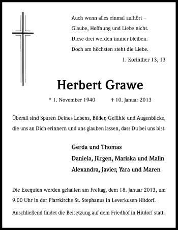 Anzeige von Herbert Grawe von Kölner Stadt-Anzeiger / Kölnische Rundschau / Express