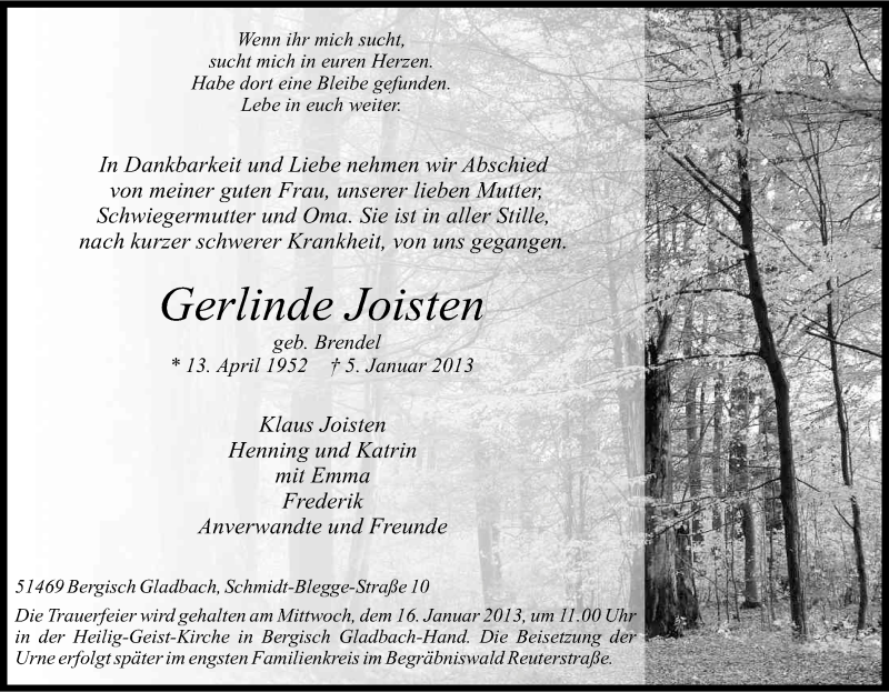  Traueranzeige für Gerlinde Joisten vom 12.01.2013 aus Kölner Stadt-Anzeiger / Kölnische Rundschau / Express