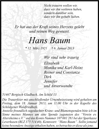 Anzeige von Hans Baum von Kölner Stadt-Anzeiger / Kölnische Rundschau / Express