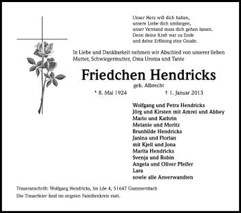 Anzeige von Friedchen Hendricks von Kölner Stadt-Anzeiger / Kölnische Rundschau / Express