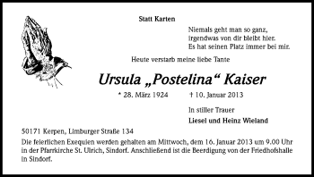 Anzeige von Ursula Kaiser von Kölner Stadt-Anzeiger / Kölnische Rundschau / Express