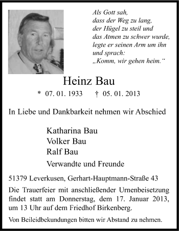 Anzeige von Heinz Bau von Kölner Stadt-Anzeiger / Kölnische Rundschau / Express