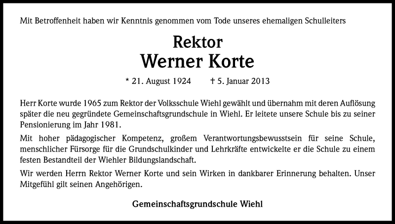  Traueranzeige für Werner Korte vom 12.01.2013 aus Kölner Stadt-Anzeiger / Kölnische Rundschau / Express
