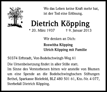 Anzeige von Dietrich Köpping von Kölner Stadt-Anzeiger / Kölnische Rundschau / Express
