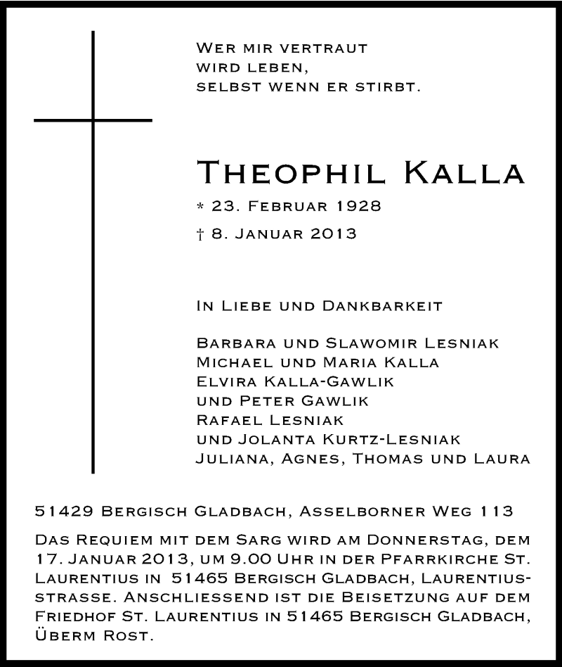  Traueranzeige für Theophil Kalla vom 14.01.2013 aus Kölner Stadt-Anzeiger / Kölnische Rundschau / Express