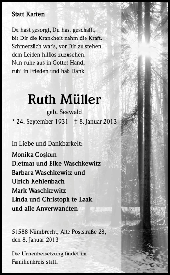 Anzeige von Ruth Müller von Kölner Stadt-Anzeiger / Kölnische Rundschau / Express