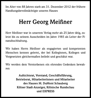 Anzeige von Georg Meißner von Kölner Stadt-Anzeiger / Kölnische Rundschau / Express