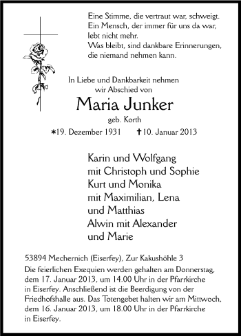 Anzeige von Maria Junker von Kölner Stadt-Anzeiger / Kölnische Rundschau / Express