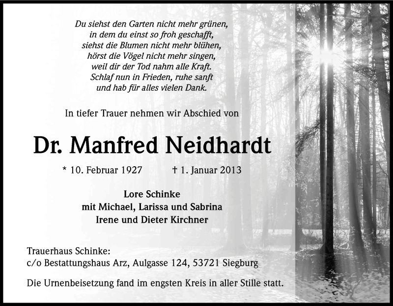  Traueranzeige für Manfred Neidhardt vom 19.01.2013 aus Kölner Stadt-Anzeiger / Kölnische Rundschau / Express