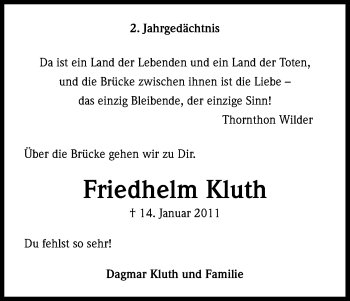 Anzeige von Friedhelm Kluth von Kölner Stadt-Anzeiger / Kölnische Rundschau / Express