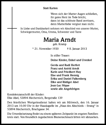 Anzeige von Maria Arndt von Kölner Stadt-Anzeiger / Kölnische Rundschau / Express