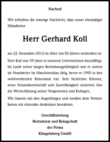 Anzeige von Gerhard Koll von Kölner Stadt-Anzeiger / Kölnische Rundschau / Express