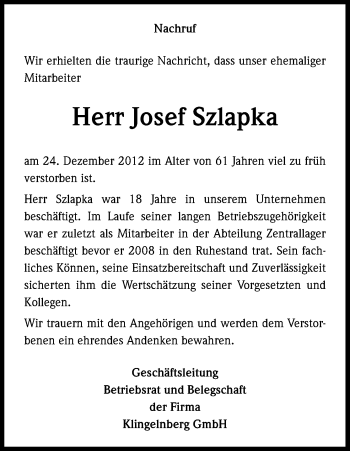 Anzeige von Josef Szlapka von Kölner Stadt-Anzeiger / Kölnische Rundschau / Express