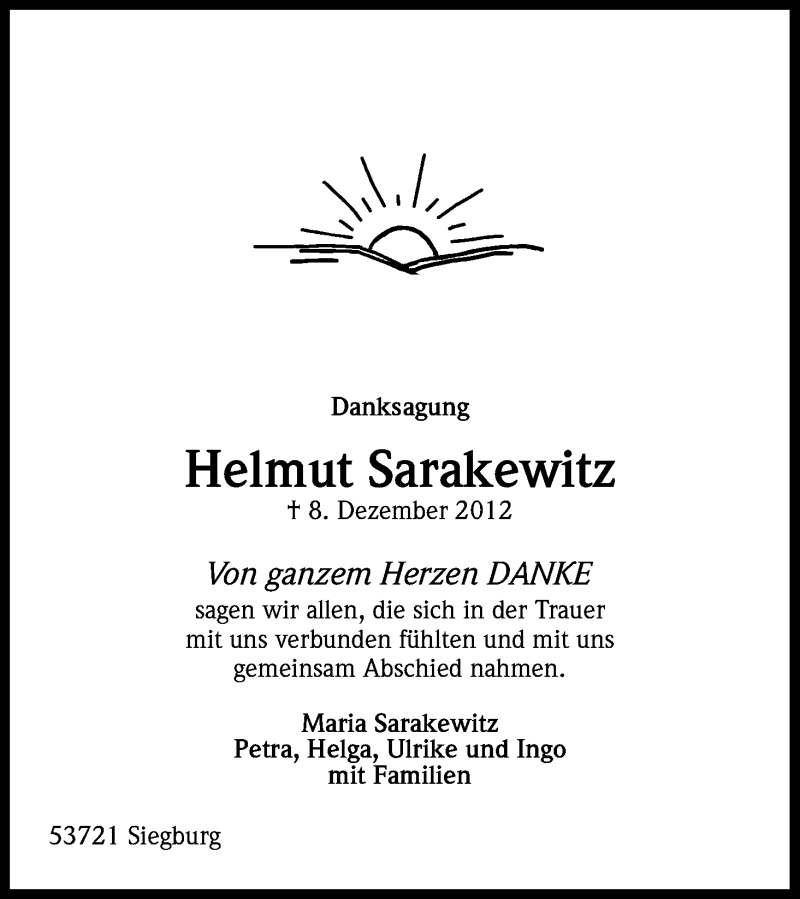  Traueranzeige für Helmut Sarakewitz vom 15.01.2013 aus Kölner Stadt-Anzeiger / Kölnische Rundschau / Express
