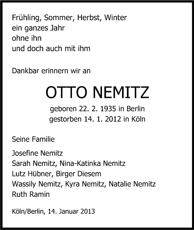  Traueranzeige für Otto Nemitz vom 14.01.2013 aus Kölner Stadt-Anzeiger / Kölnische Rundschau / Express