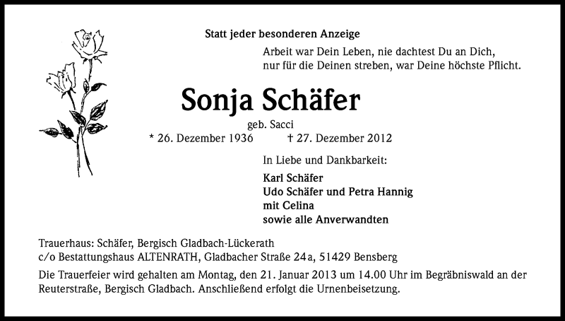  Traueranzeige für Sonja Schäfer vom 16.01.2013 aus Kölner Stadt-Anzeiger / Kölnische Rundschau / Express