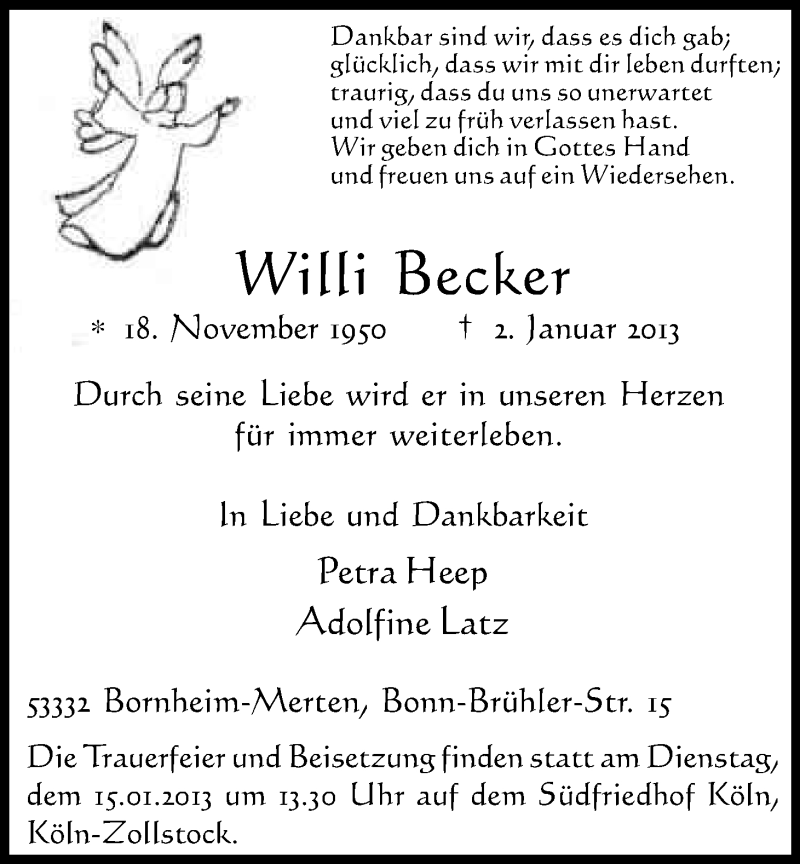  Traueranzeige für Willi Becker vom 14.01.2013 aus Kölner Stadt-Anzeiger / Kölnische Rundschau / Express