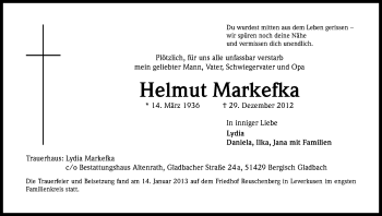 Anzeige von Helmut Markefka von Kölner Stadt-Anzeiger / Kölnische Rundschau / Express
