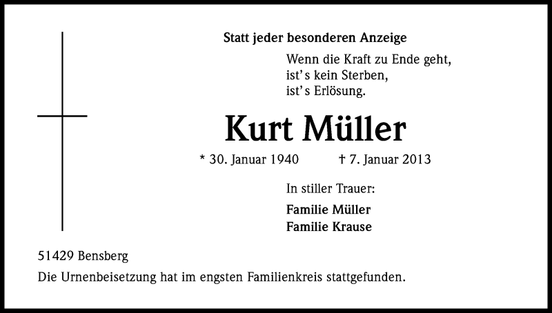  Traueranzeige für Kurt Müller vom 19.01.2013 aus Kölner Stadt-Anzeiger / Kölnische Rundschau / Express