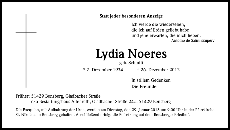  Traueranzeige für Lydia Noeres vom 23.01.2013 aus Kölner Stadt-Anzeiger / Kölnische Rundschau / Express