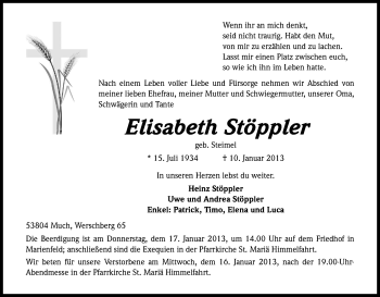 Anzeige von Elisabeth Stöppler von Kölner Stadt-Anzeiger / Kölnische Rundschau / Express