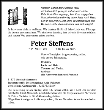Anzeige von Peter Steffens von Kölner Stadt-Anzeiger / Kölnische Rundschau / Express