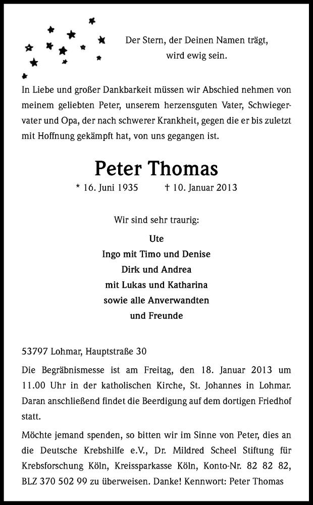  Traueranzeige für Peter Thomas vom 14.01.2013 aus Kölner Stadt-Anzeiger / Kölnische Rundschau / Express