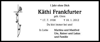Anzeige von Katharina Frankfurter von Kölner Stadt-Anzeiger / Kölnische Rundschau / Express