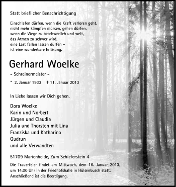 Anzeige von Gerhard Woelke von Kölner Stadt-Anzeiger / Kölnische Rundschau / Express