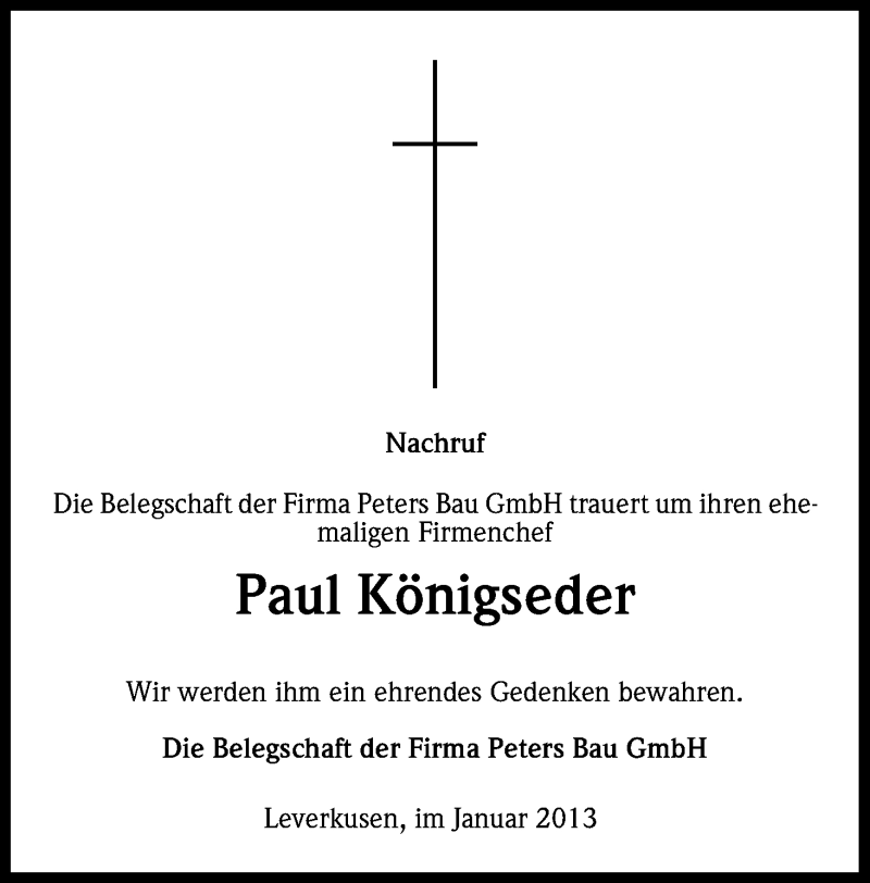  Traueranzeige für Paul Königseder vom 16.01.2013 aus Kölner Stadt-Anzeiger / Kölnische Rundschau / Express