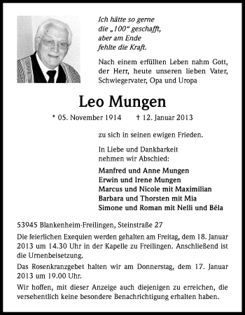 Anzeige von Leo Mungen von Kölner Stadt-Anzeiger / Kölnische Rundschau / Express