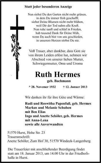 Anzeige von Ruth Hermes von Kölner Stadt-Anzeiger / Kölnische Rundschau / Express