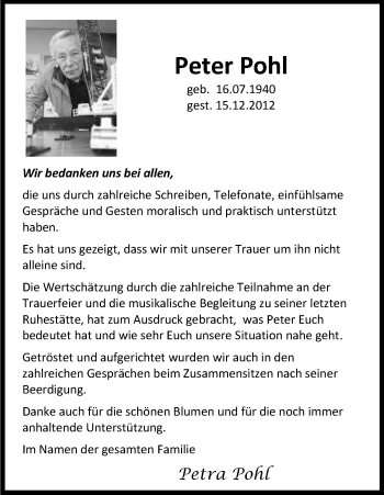 Anzeige von Peter Pohl von Kölner Stadt-Anzeiger / Kölnische Rundschau / Express