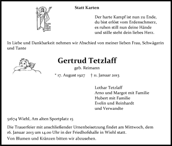 Anzeige von Gertrud Tetzlaff von Kölner Stadt-Anzeiger / Kölnische Rundschau / Express