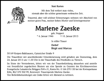 Anzeige von Marlene Zaeske von Kölner Stadt-Anzeiger / Kölnische Rundschau / Express