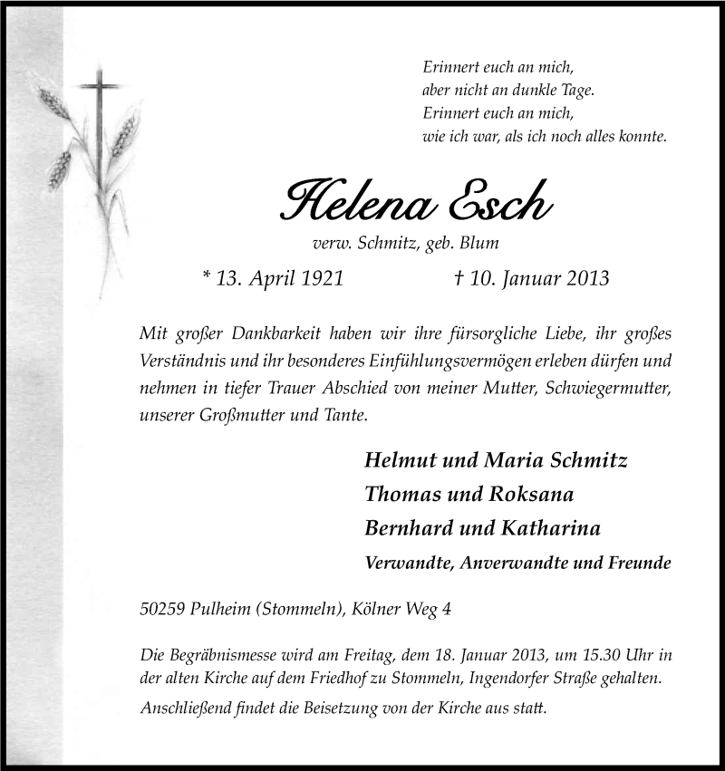  Traueranzeige für Helena Esch vom 16.01.2013 aus Kölner Stadt-Anzeiger / Kölnische Rundschau / Express