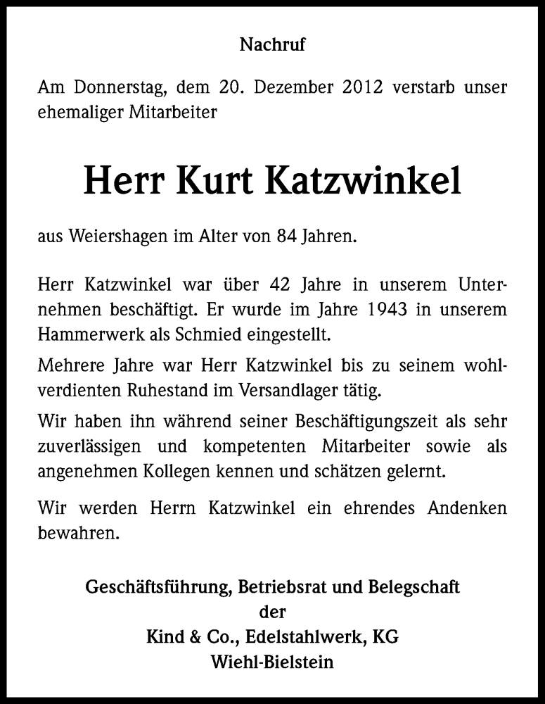  Traueranzeige für Kurt Katzwinkel vom 15.01.2013 aus Kölner Stadt-Anzeiger / Kölnische Rundschau / Express