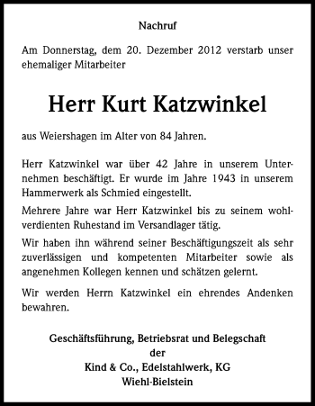 Anzeige von Kurt Katzwinkel von Kölner Stadt-Anzeiger / Kölnische Rundschau / Express