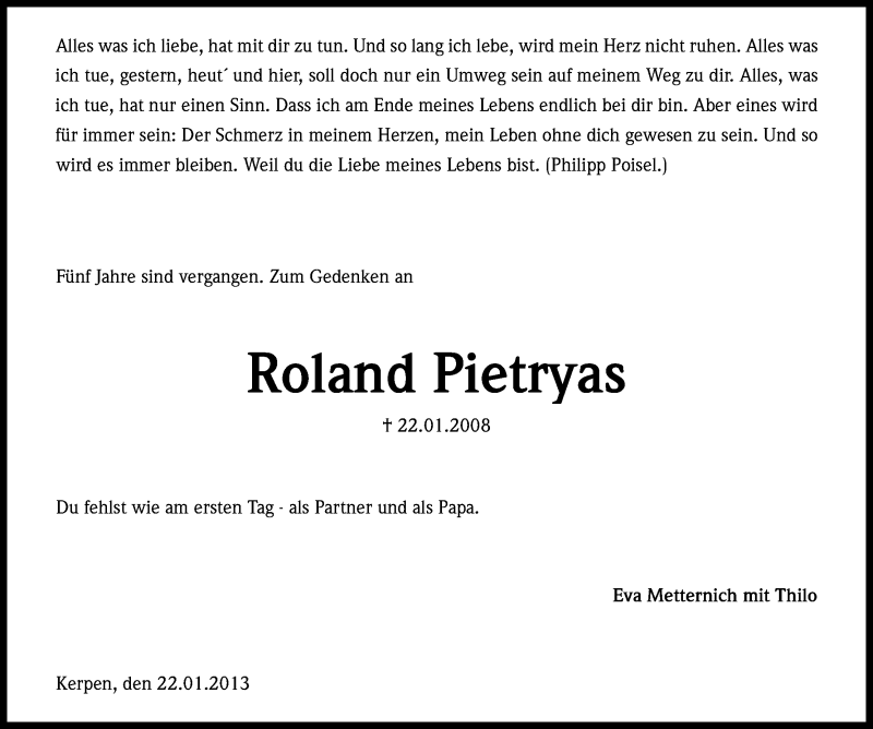  Traueranzeige für Roland Pietryas vom 26.01.2013 aus Kölner Stadt-Anzeiger / Kölnische Rundschau / Express