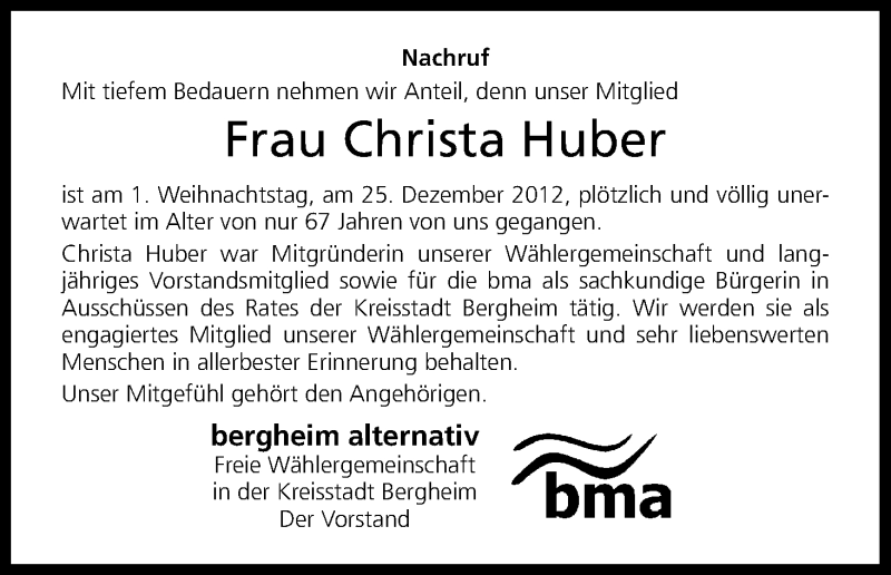  Traueranzeige für Christa Huber vom 15.01.2013 aus Kölner Stadt-Anzeiger / Kölnische Rundschau / Express