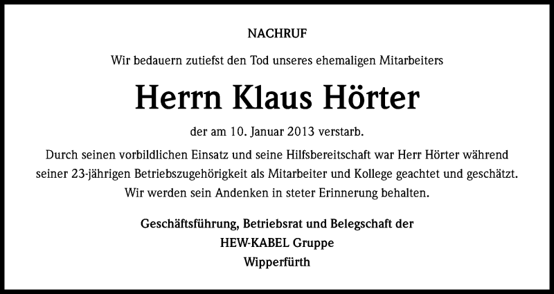  Traueranzeige für Klaus Hörter vom 26.01.2013 aus Kölner Stadt-Anzeiger / Kölnische Rundschau / Express