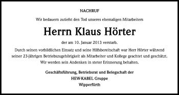 Anzeige von Klaus Hörter von Kölner Stadt-Anzeiger / Kölnische Rundschau / Express