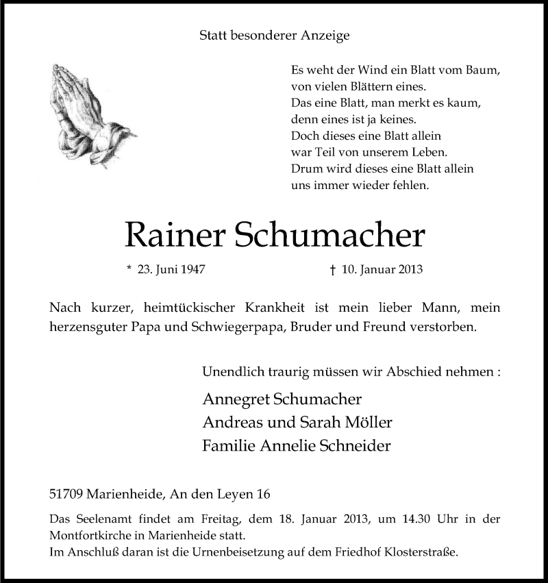  Traueranzeige für Rainer Schumacher vom 15.01.2013 aus Kölner Stadt-Anzeiger / Kölnische Rundschau / Express