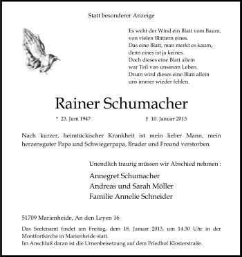Anzeige von Rainer Schumacher von Kölner Stadt-Anzeiger / Kölnische Rundschau / Express