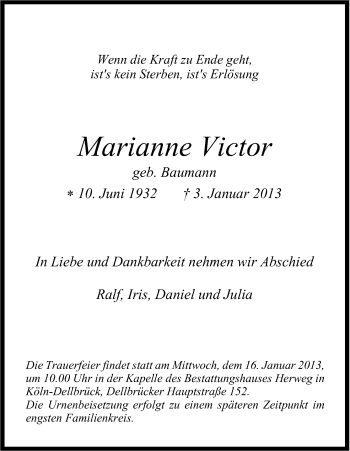 Anzeige von Marianne Victor von Kölner Stadt-Anzeiger / Kölnische Rundschau / Express