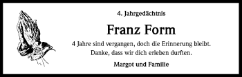 Anzeige von Franz Form von Kölner Stadt-Anzeiger / Kölnische Rundschau / Express