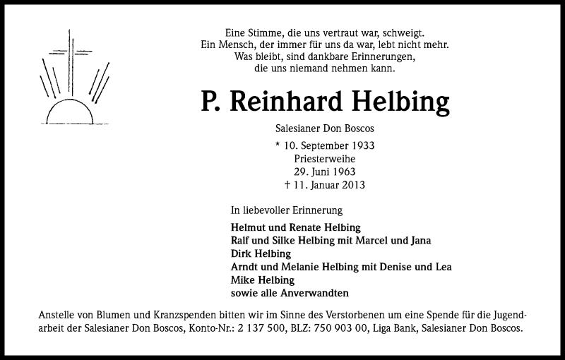  Traueranzeige für Reinhard Helbing  vom 15.01.2013 aus Kölner Stadt-Anzeiger / Kölnische Rundschau / Express