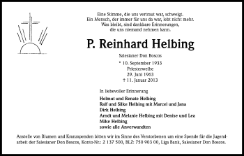 Anzeige von Reinhard Helbing  von Kölner Stadt-Anzeiger / Kölnische Rundschau / Express