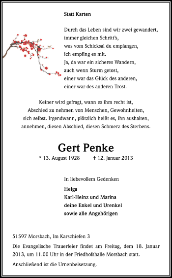 Anzeige von Gert Penke von Kölner Stadt-Anzeiger / Kölnische Rundschau / Express
